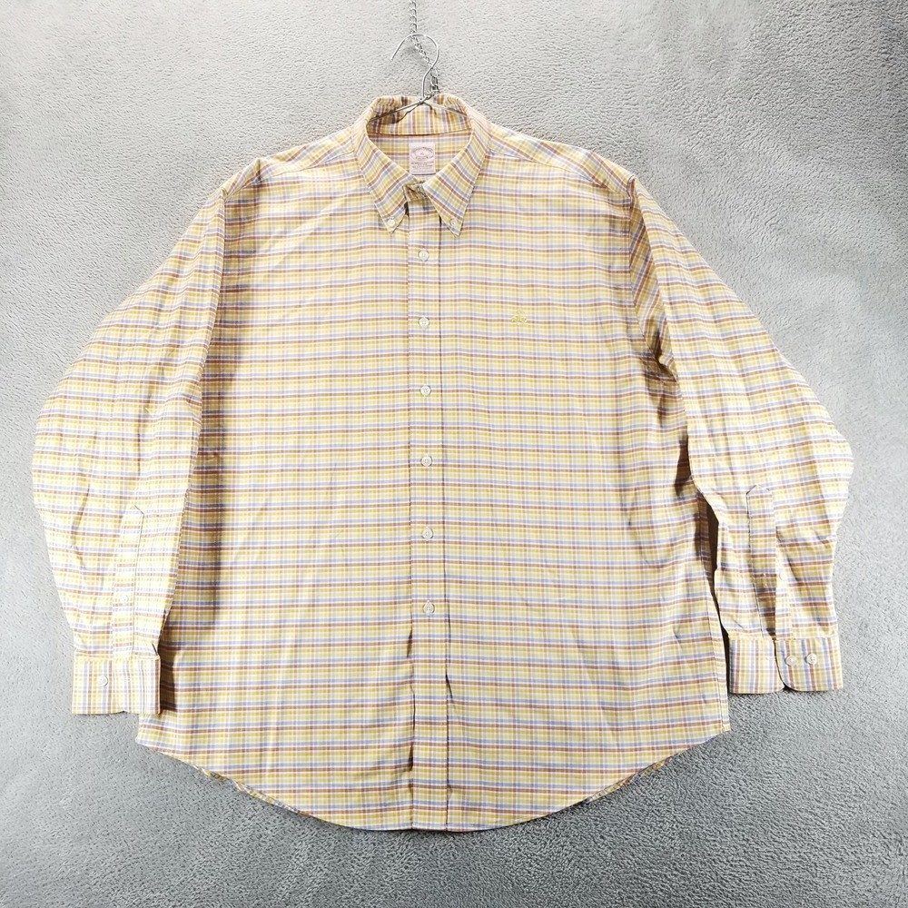 Brooks Brothers Shirt Mens XL Yellow Check Gingham Oxford Non Iron Supima Cotton